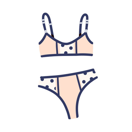 Bra and panties, female bikini. Modern style two-piece lingerie, women underwear. Bralette, brassiere top and pants bottom. Summer beachwear. Flat vector illustration isolated on white backgroundのイラスト素材