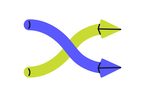 Double arrow symbol for shuffle and change. Curved crossing pointers, swap and switch movement, split direction, reroute, flow sign, icon. Flat vector illustration isolated on white backgroundのイラスト素材