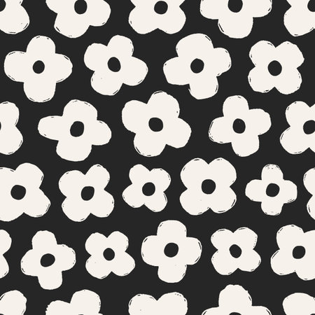Seamless floral pattern. Groovy daisies, repeating print. Endless black-and-white background,...