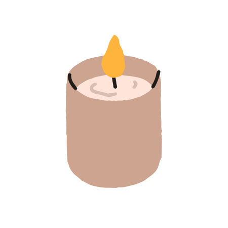 Candle light with warm glow, flame, fire. Wax accessory for home, spa, romantic decoration. Festive holiday decor, cozy minimalist candlelight. Flat vector illustration isolated on white backgroundのイラスト素材