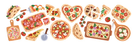 Pizza set. Italian food on wood boards, top view. Whole circles, chopped slices, fire-baked pieces with different ingredients, crust, shapes. Flat vector illustrations isolated on white backgroundのイラスト素材