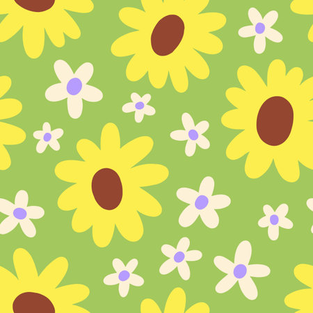 Seamless floral pattern with sunflowers and daisies. Endless background, repeating print design with...
