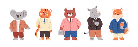 Business animals, cute wild characters set. Happy smiling koala bear, tiger, rhino in professional suits. Funny office workers, employees. Kids flat vector illustration isolated on white backgroundのイラスト素材