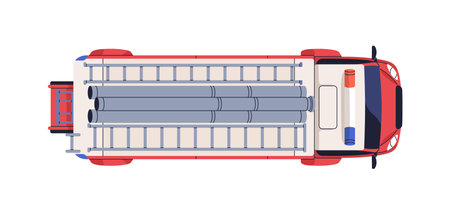 Fire truck, top view. Emergency vehicle with firefighting equipment, gears, ladder, hoses, siren...