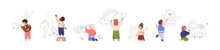 Kids drawing, set. Cute children with chalks sketching doodles, scribbles on walls. Preschool boys...