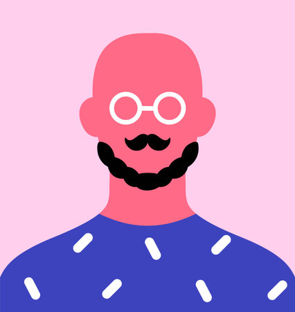 Bald hairless man with beard, moustache, in glasses. Faceless male avatar, head portrait in modern fashion style. Person in eyeglasses, user profile, trendy poster. Flat vector illustrationのイラスト素材
