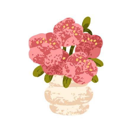 Flower bouquet in ceramic vase. Blooming peonies with lush gentle gorgeous petals. Summer garden floral bunch, nature decoration. Spring blossoms. Flat vector illustration isolated on white backgroundのイラスト素材