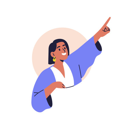 Business woman peeping from circle hole and pointing up, watching. Smiling curious female peeking out, gesturing with finger, showing with hand. Flat vector illustration isolated on white backgroundのイラスト素材