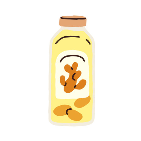 Water with ginger infusion. Healthy infused beverage in bottle. Cold summer drink, lemonade refreshment. Natural vitamin spicy juice, detox tonic. Flat vector illustration isolated on white backgroundのイラスト素材