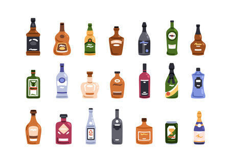 Alcohol bottles set. Alcoholic beverages, spirits, bar drinks assortment. Whisky, vodka, rum, champagne wine, beer can, gin, brandy and tequila. Flat vector illustration isolated on white backgroundのイラスト素材