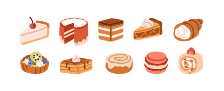 Sweet desserts set. Pastry, patisserie, confections collection. Cake piece, tart, roll, pie, bakery with cream, fruit, chocolate. Confectionery. Flat vector illustration isolated on white backgroundのイラスト素材
