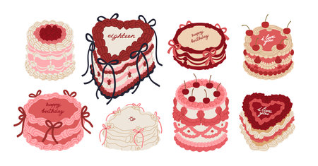 Cakes set. Round, heart shape holiday confectionery in vintage style. Festive patisserie with whipped cream swirls, cherry, bows decor. Flat graphic vector illustrations isolated on white backgroundのイラスト素材