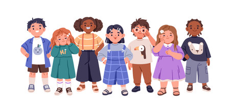 Happy kid group portrait. Diverse children, inclusive team. Little boys and girls standing together. Smiling preschoolers in glasses, with braces. Flat vector illustration isolated on white backgroundのイラスト素材