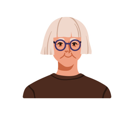 Senior woman portrait. Elderly old aged lady with short gray bob cut, round glasses and smile. Elder mature female avatar in eyeglasses. Flat vector illustration isolated on white backgroundのイラスト素材