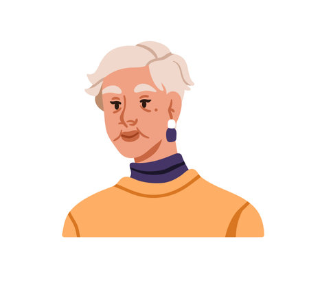 Senior woman portrait. Elegant elderly lady with gray short hair, earrings, makeup and calm face expression. Modern mature elder old aged female. Flat vector illustration isolated on white backgroundのイラスト素材