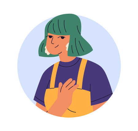 Young woman in apron, head portrait. Female with colored hair, smiling. Cheerful girl with bob cut,...
