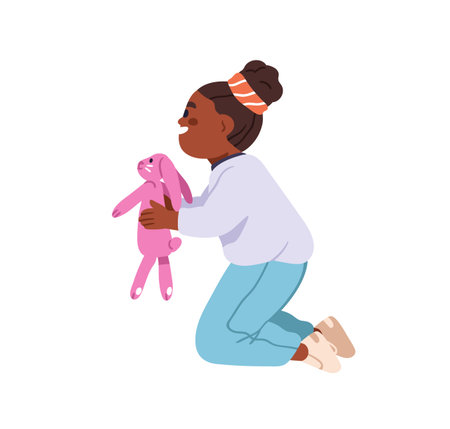 Cute girl playing with plush stuffed toy. Happy black kid holding soft bunny, rabbit. Little preschool child, kindergarten leisure game. Flat vector illustration isolated on white backgroundのイラスト素材