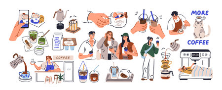 Coffee set. Morning caffeine drink brewing. Barista, friends with espresso, cappuccino, latte art. Coffe machine, matcha cup, filter and moka pot. Flat vector illustration isolated on white backgroundのイラスト素材