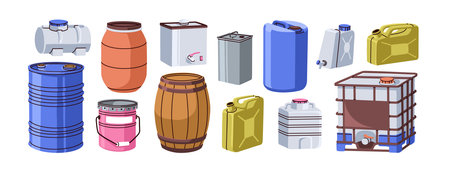 Containers for liquids. Drum canister, wooden and metal barrels, large IBC tank, different reservoirs, can, bottle for storage industrial fluids. Flat vector illustration isolated on white backgroundのイラスト素材