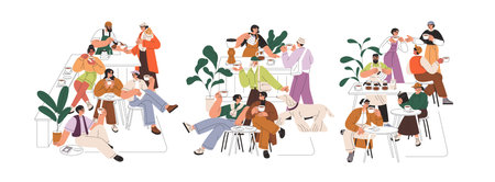 Coffee shop, coffeehouse community, club. People gathering for cupping, morning party. Barista brewing drink for tasting. Specialty culture. Flat vector illustration isolated on white backgroundのイラスト素材