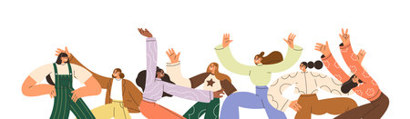 Happy young women dancing. Girl friends group celebrating with arms up, banner. Hen party crowd in fun motion, active excited youth, females. Flat vector illustration isolated on white backgroundのイラスト素材