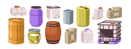 Liquid storage containers, reservoirs set. Barrel, plastic drum, fuel canister, jerry can, IBC tank, bottles, chemical and industrial tanks. Flat vector illustration isolated on white backgroundのイラスト素材