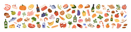 Food and beverages icons set. Fruits and vegetables, seafood, meat, dairy products, bread and desserts. Alcohol drinks, candies and herbs. Flat vector illustration isolated on white backgroundのイラスト素材
