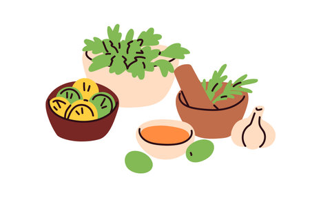 Herbs, leaf greens, natural fresh ingredients for salad dressing. Healthy vitamin seasonings, condiments, aromatic spices, leaves, garlic. Flat vector illustration isolated on white backgroundのイラスト素材