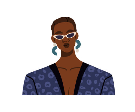 Black woman in fashion sunglasses, modern earrings, stylish outfit and accessories, chic sassy face expression. Young confident female avatar. Flat vector illustration isolated on white backgroundのイラスト素材