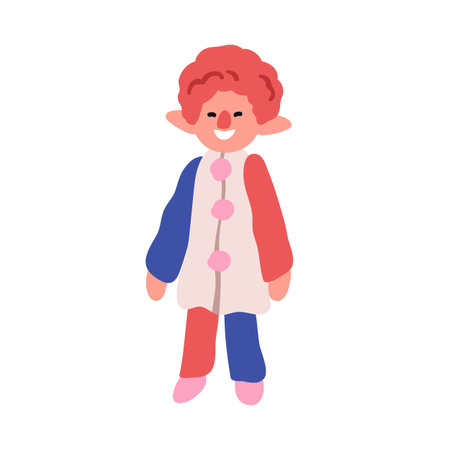 Happy clown toy with red nose, circus costume, cheerful smile. Plush stuffed puppet, dummy. Comic harlequin character in funny outfit, laughing. Flat vector illustration isolated on white backgroundのイラスト素材