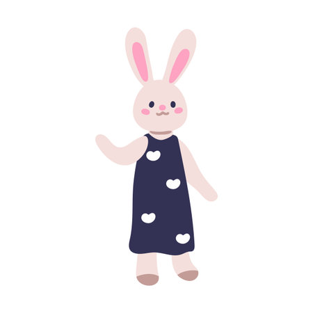 Bunny toy in dress. Plush stuffed rabbit dummy. Cute funny puppet greeting with waving paw. Sweet friendly baby character. Kids childish flat vector illustration isolated on white backgroundのイラスト素材