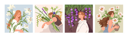 Girls with flowers, cards set. Young beautiful women with floral bouquets in hands. Spring and summer blooms, garden blossoms. Peaceful female portraits in serene nature. Flat vector illustrationsのイラスト素材
