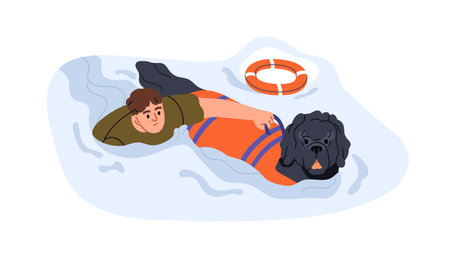 Work dog rescuing man swimming in water, saving life. Trained canine rescuer in safety vest assisting, helping during emergency at sea, drowning person. Animal at service. Flat vector illustrationのイラスト素材