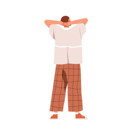 Man standing, back view. Person, male spectator character with hands clasped on head behind, turned, waiting in relaxed pose, looking up. Flat vector illustration isolated on white backgroundのイラスト素材