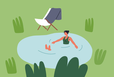 Woman relaxing, bathing in pond, tiny lake. Female character enjoying countryside summer holiday, vacation, swimming in water. Outdoor relaxation in country, rural nature. Flat vector illustrationのイラスト素材