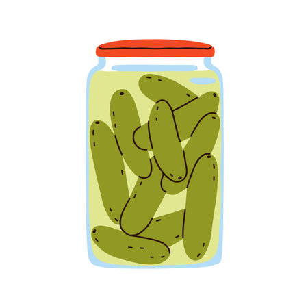 Pickle cucumbers in salty brine, closed glass jar with lid. Salted fermented vegetable snack, conserved preserved food produce for pantry storage. Flat vector illustration isolated on white backgroundのイラスト素材