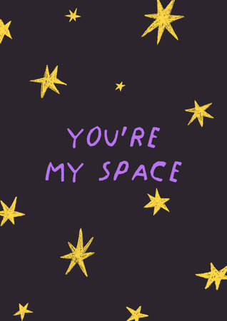 Stars in space, cosmos, night sky, cute poster design with phrase, lettering. Sparkles and handwriting on vertical postcard in modern trendy style. Inspirational quote, card. Flat vector illustrationのイラスト素材