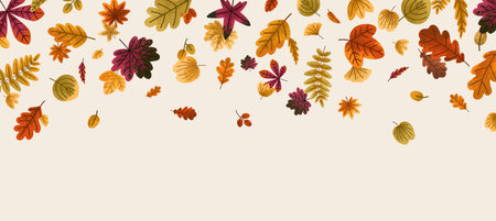 Fall leaves decoration, horizontal banner. Autumn leaf falling down, seasonal nature background. Autumnal decorative pattern, decor, ornamental botanical forest border. Flat vector illustrationのイラスト素材