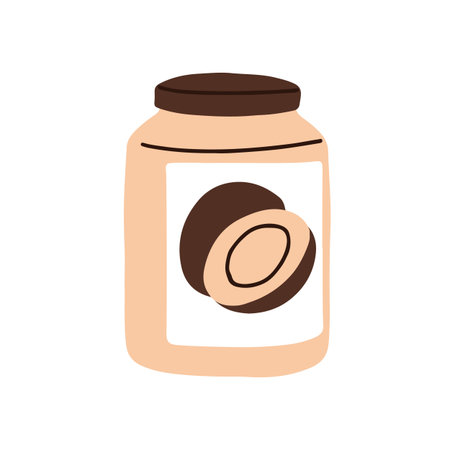 Coconut oil jar. Natural organic cosmetic cream in container package. Tropical exotic food product for cooking. Healthy vitamin butter. Flat vector illustration isolated on white backgroundのイラスト素材