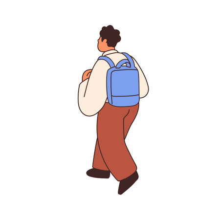 Boy going back to school. Kid carrying backpack, schoolbag, rear view from behind. Child pupil walking away, leaving. Cute elementary student. Flat vector illustration isolated on white backgroundのイラスト素材