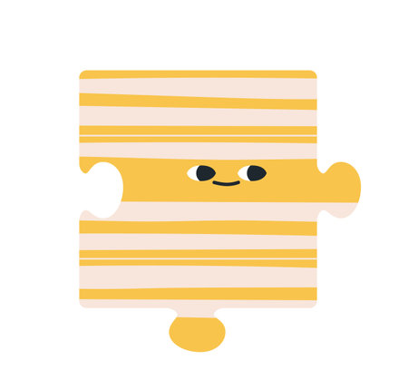 Puzzle character with smiling face, looking aside, watching with interest. Cute funny element, emoji with curious eyes, happy playful expression. Flat vector illustration isolated on white backgroundのイラスト素材