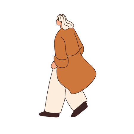 Young woman walking in coat. Female passerby in autumn outfit, modern casual style apparel, strolling outdoors. Person going in fall clothes. Flat vector illustration isolated on white backgroundのイラスト素材