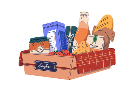 Gourmet food, gift basket. Wooden crate, box with delicacy snacks, bread, cheese, strawberries, jam and drink. Delicious edible present. Flat vector illustration isolated on white backgroundのイラスト素材