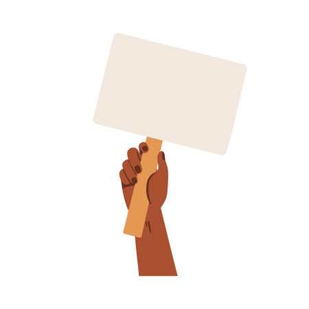 Holding protest signboard. Hand raised up with blank placard, paper sheet on wood stick. Empty banner, picket and strike sign board, clean background. Flat vector illustration isolated on whiteのイラスト素材