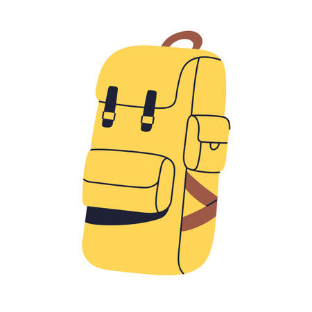 Backpack, travel bag. Hiking rucksack with pockets. Trekking back pack, knapsack. Mountaineering luggage, survival touristic baggage, package. Flat vector illustration isolated on white backgroundのイラスト素材
