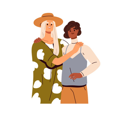 Two young women hugging. Close best friends, female couple embracing with love, support and friendship. Happy smiling girls standing together. Flat vector illustration isolated on white backgroundのイラスト素材
