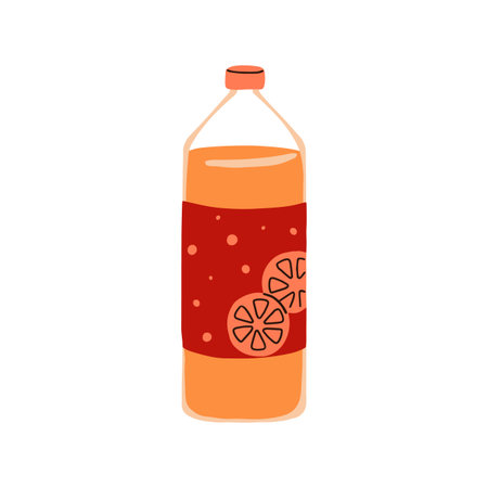 Soda drink in plastic bottle. Carbonated lemonade, orange fruit juice. Citrus beverage with bubbles, sweet summer sparkling refreshment. Flat vector illustration isolated on white backgroundのイラスト素材