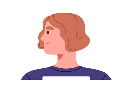 Person profile, side view. Young friendly character with happy smiling face expression, neutral emotion, head turned, looking aside, sideways. Flat vector illustration isolated on white backgroundのイラスト素材
