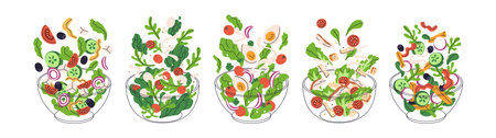 Vegetable salads in bowls set. Cooking fresh healthy dishes. Ingredients flying, falling down, lettuce, tomato, green herbs, olive and egg. Flat vector illustration isolated on white backgroundのイラスト素材