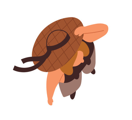 Woman holding hat in wind, top down view. Female standing in windy weather, hand on sunhat, head accessory, summer outfit from above, overhead. Flat vector illustration isolated on white backgroundのイラスト素材